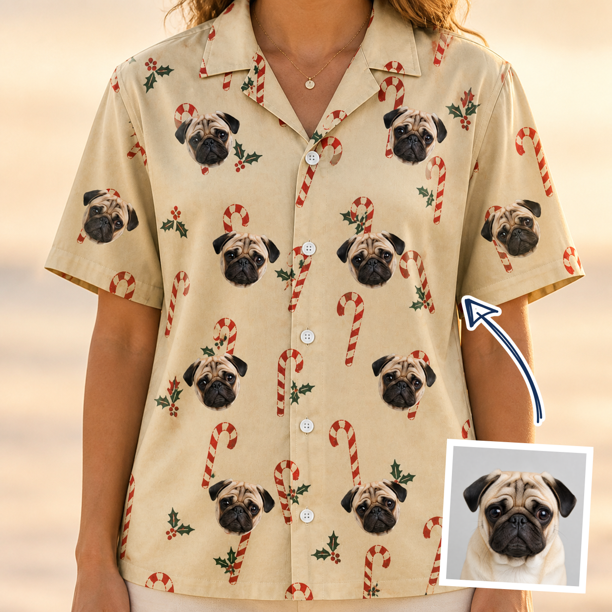 Woman wearing Women's Minty Mistletoe Custom Dog Face Hawaiian Shirt — custom faces printed all-over