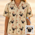 Woman wearing Women's Minty Mistletoe Custom Dog Face Hawaiian Shirt — custom faces printed all-over