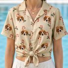 Woman wearing Women's Minty Mistletoe Custom Dog Face Hawaiian Shirt tied at the waist