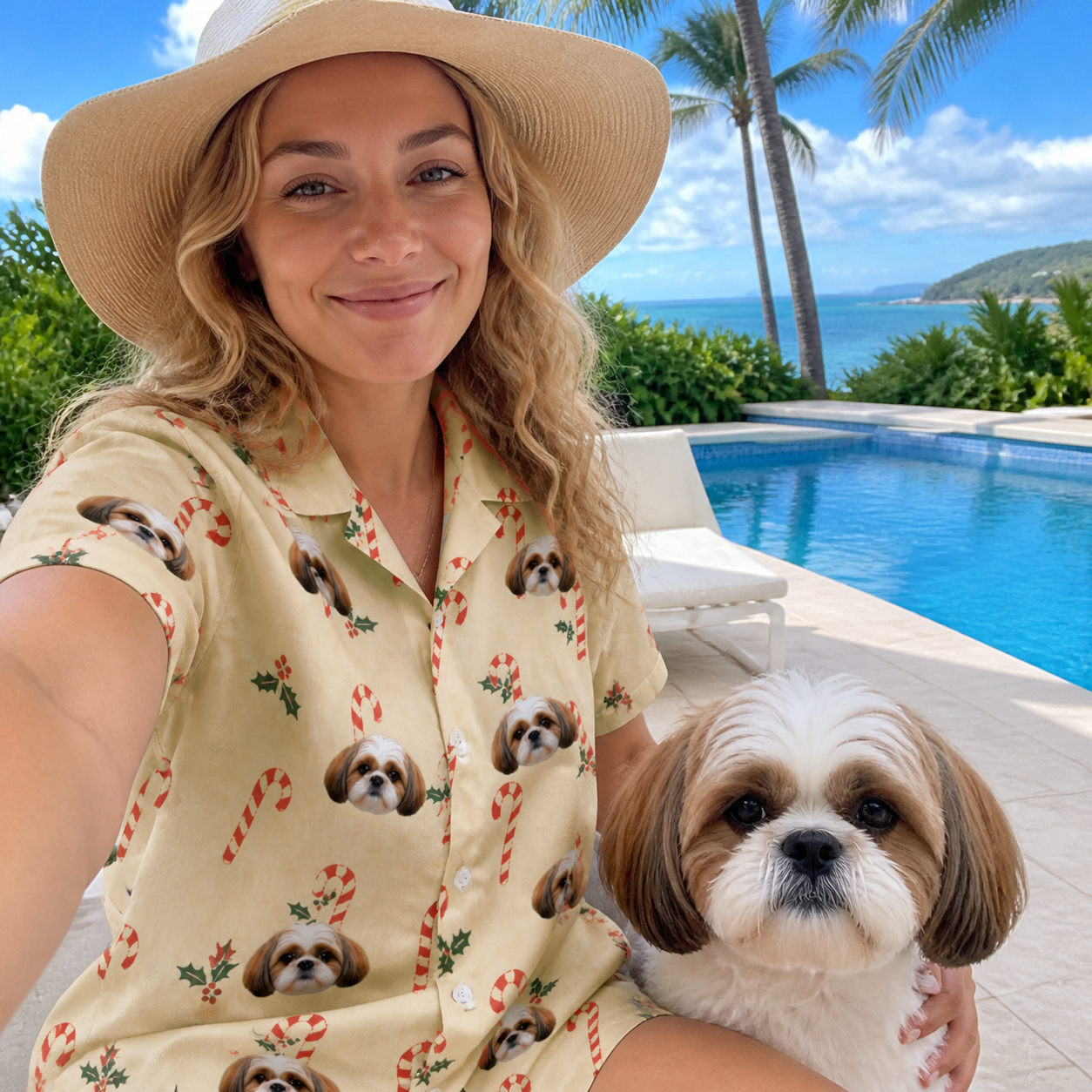 Selfie with the pet whose face is printed all over this Women's Minty Mistletoe Custom Dog Face Hawaiian Shirt