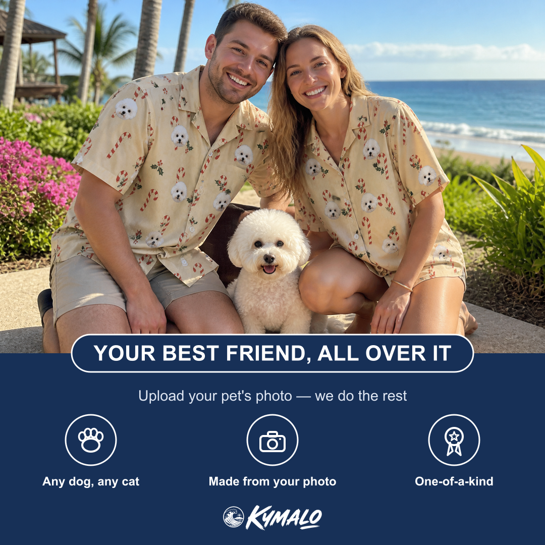 Friends in matching Women's Minty Mistletoe Custom Dog Face Hawaiian Shirt — a group gift photo