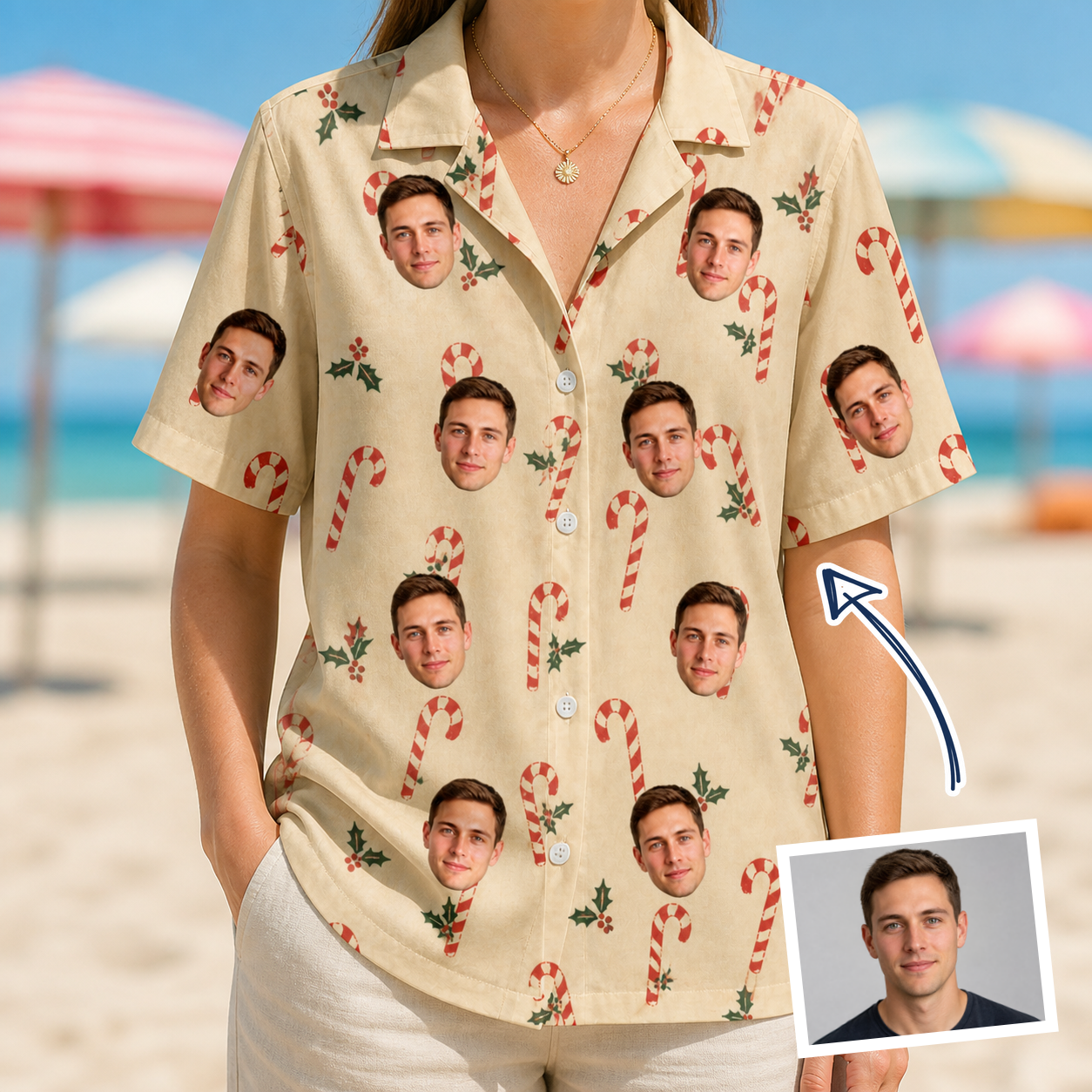 Woman wearing Women's Minty Mistletoe Custom Face Hawaiian Shirt — custom faces printed all-over