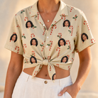 Woman wearing Women's Minty Mistletoe Custom Face Hawaiian Shirt tied at the waist