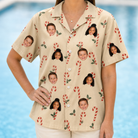 Model wearing Women's Minty Mistletoe Custom Face Hawaiian Shirt printed with kids' faces