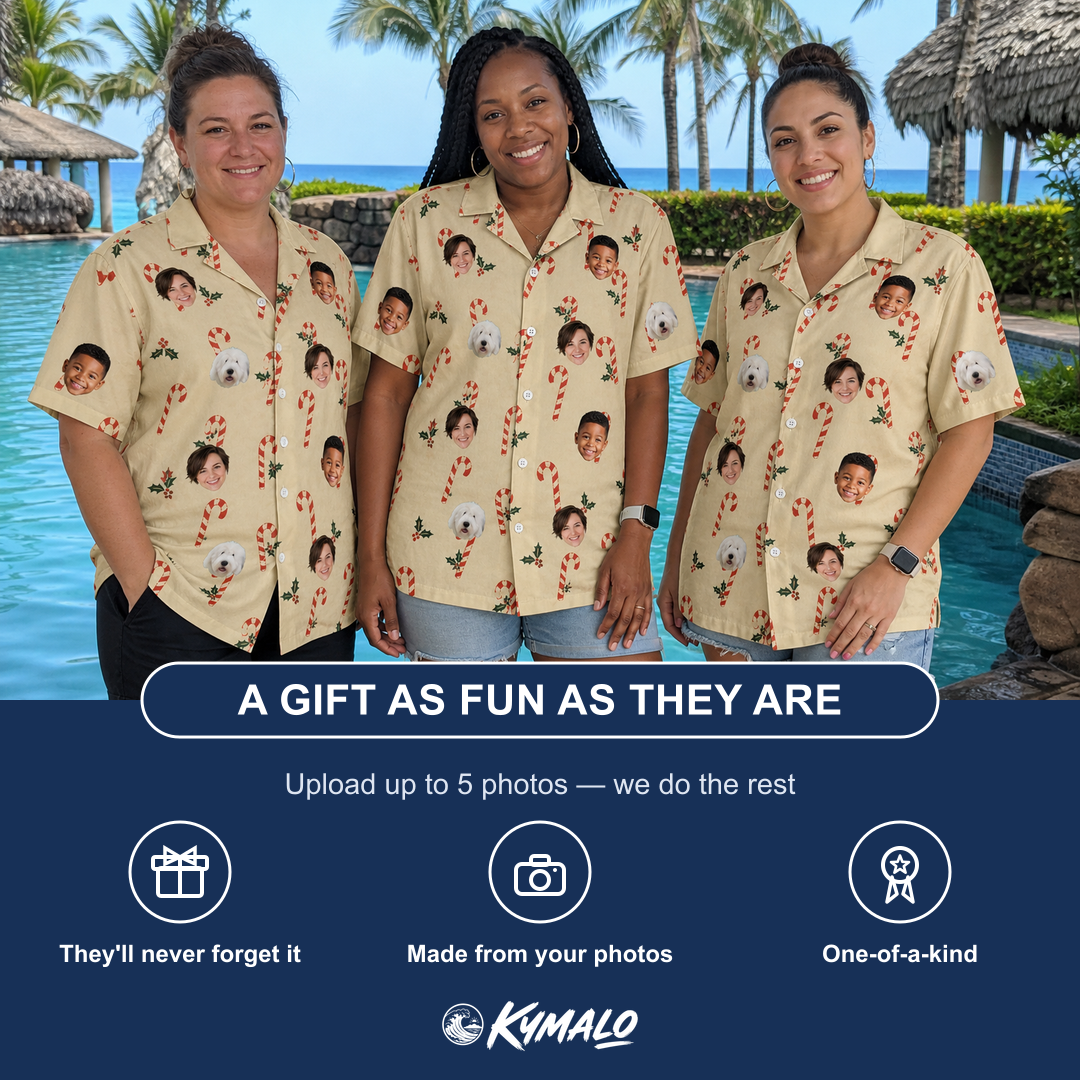Friends in matching Women's Minty Mistletoe Custom Face Hawaiian Shirt — a group gift photo