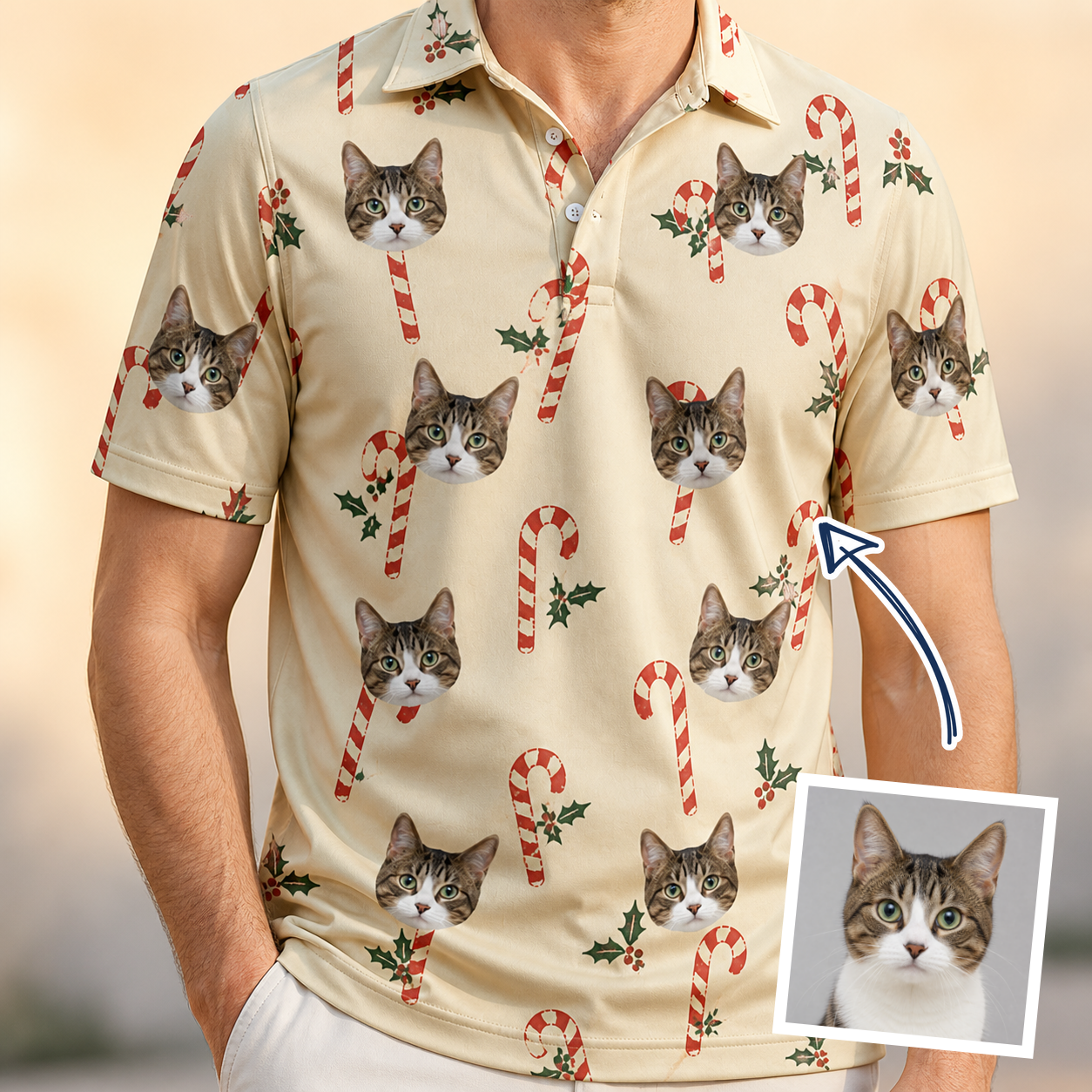 Man wearing Men's Minty Mistletoe Custom Cat Face Polo Shirt — custom faces printed all-over