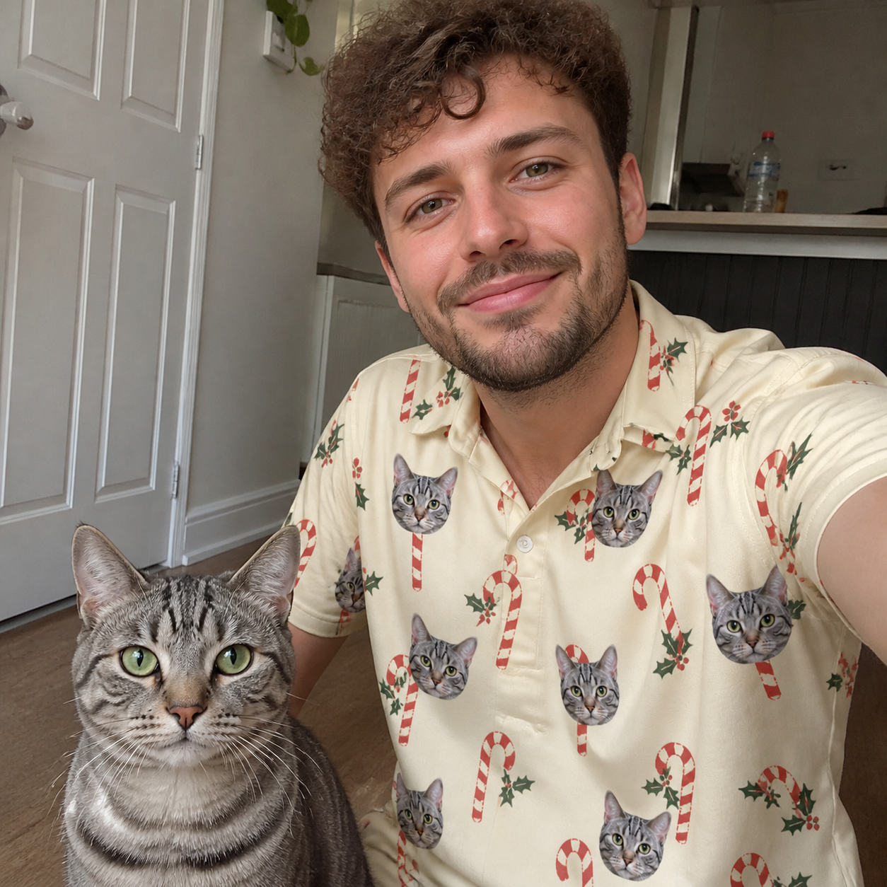 Selfie with the pet whose face is printed all over this Men's Minty Mistletoe Custom Cat Face Polo Shirt