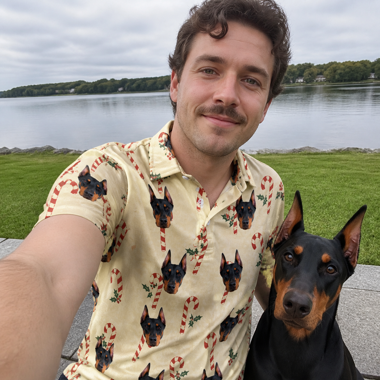 Selfie with the pet whose face is printed all over this Men's Minty Mistletoe Custom Dog Face Polo Shirt