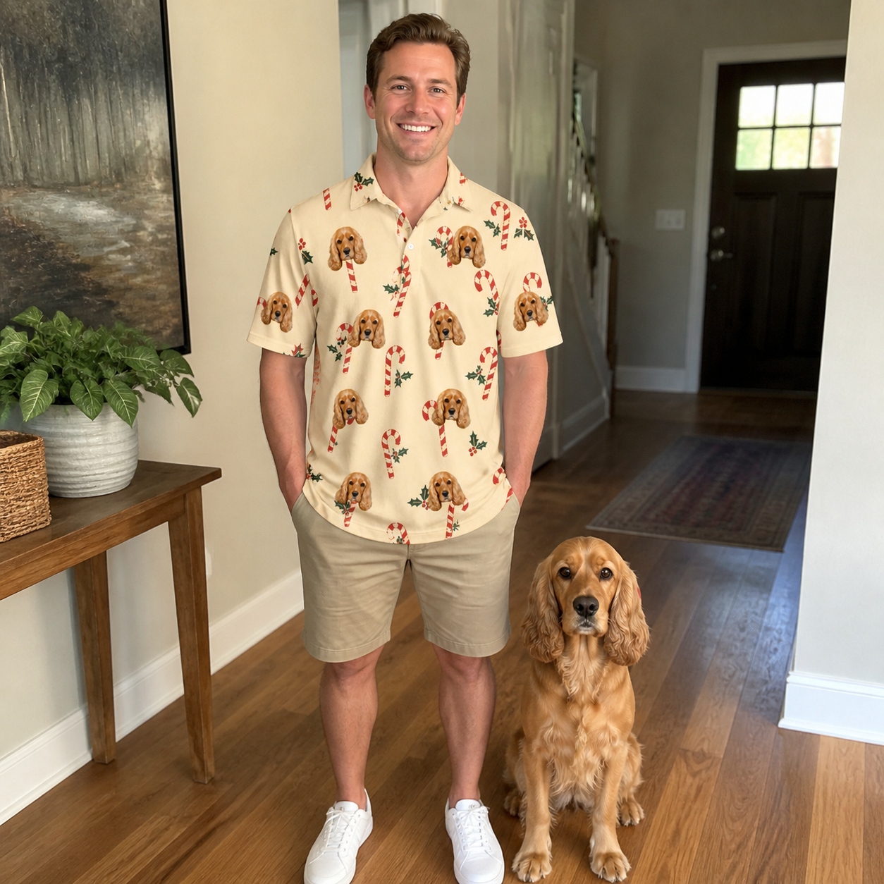 Full-length photo with the pet printed all over this Men's Minty Mistletoe Custom Dog Face Polo Shirt