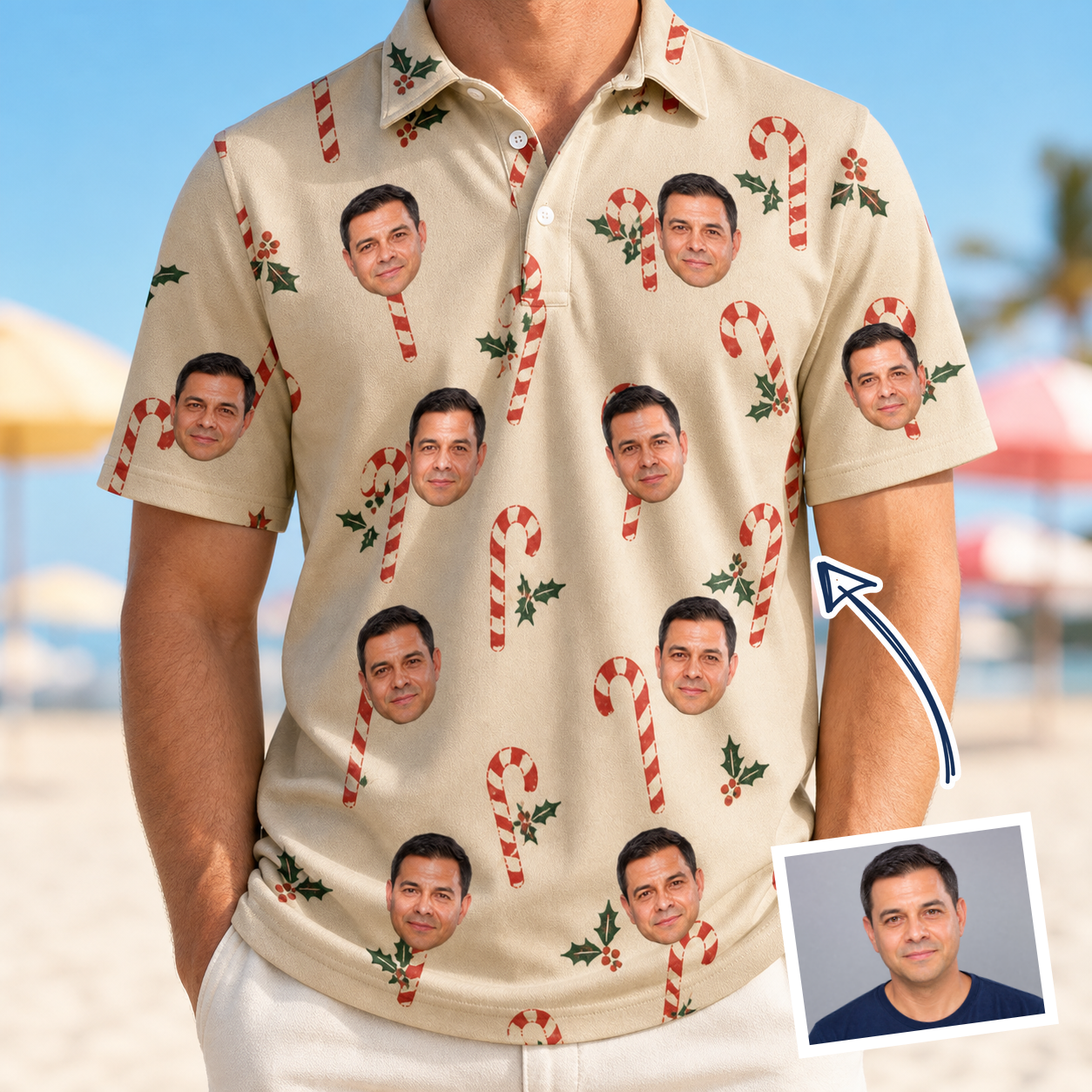 Man wearing Men's Minty Mistletoe Custom Face Polo Shirt — custom faces printed all-over