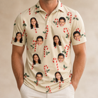 Model wearing Men's Minty Mistletoe Custom Face Polo Shirt printed with kids' faces