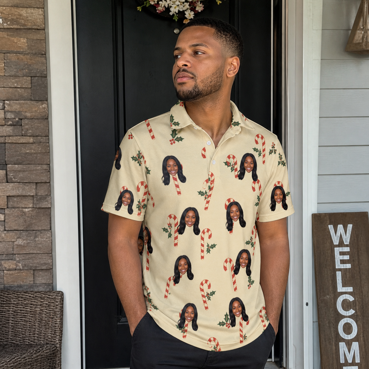 Real-life photo of someone wearing Men's Minty Mistletoe Custom Face Polo Shirt — custom faces printed all-over