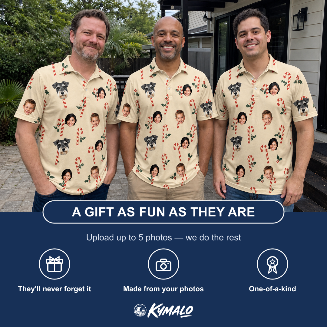Friends in matching Men's Minty Mistletoe Custom Face Polo Shirt — a group gift photo