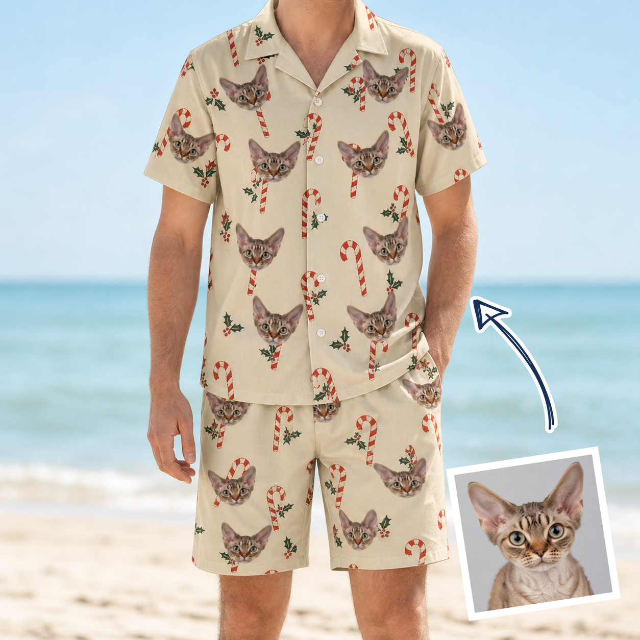 Man wearing Men's Minty Mistletoe Custom Cat Face Shirt & Shorts Set — custom faces printed all-over