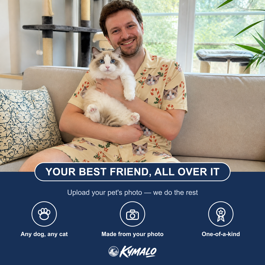 Friends in matching Men's Minty Mistletoe Custom Cat Face Shirt & Shorts Set — a group gift photo