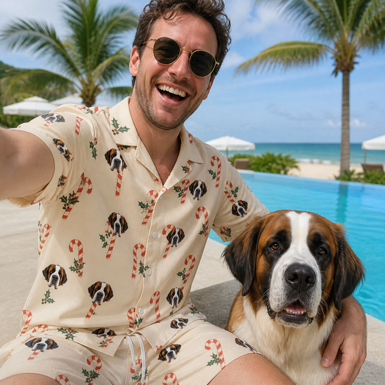 Selfie with the pet whose face is printed all over this Men's Minty Mistletoe Custom Dog Face Shirt & Shorts Set