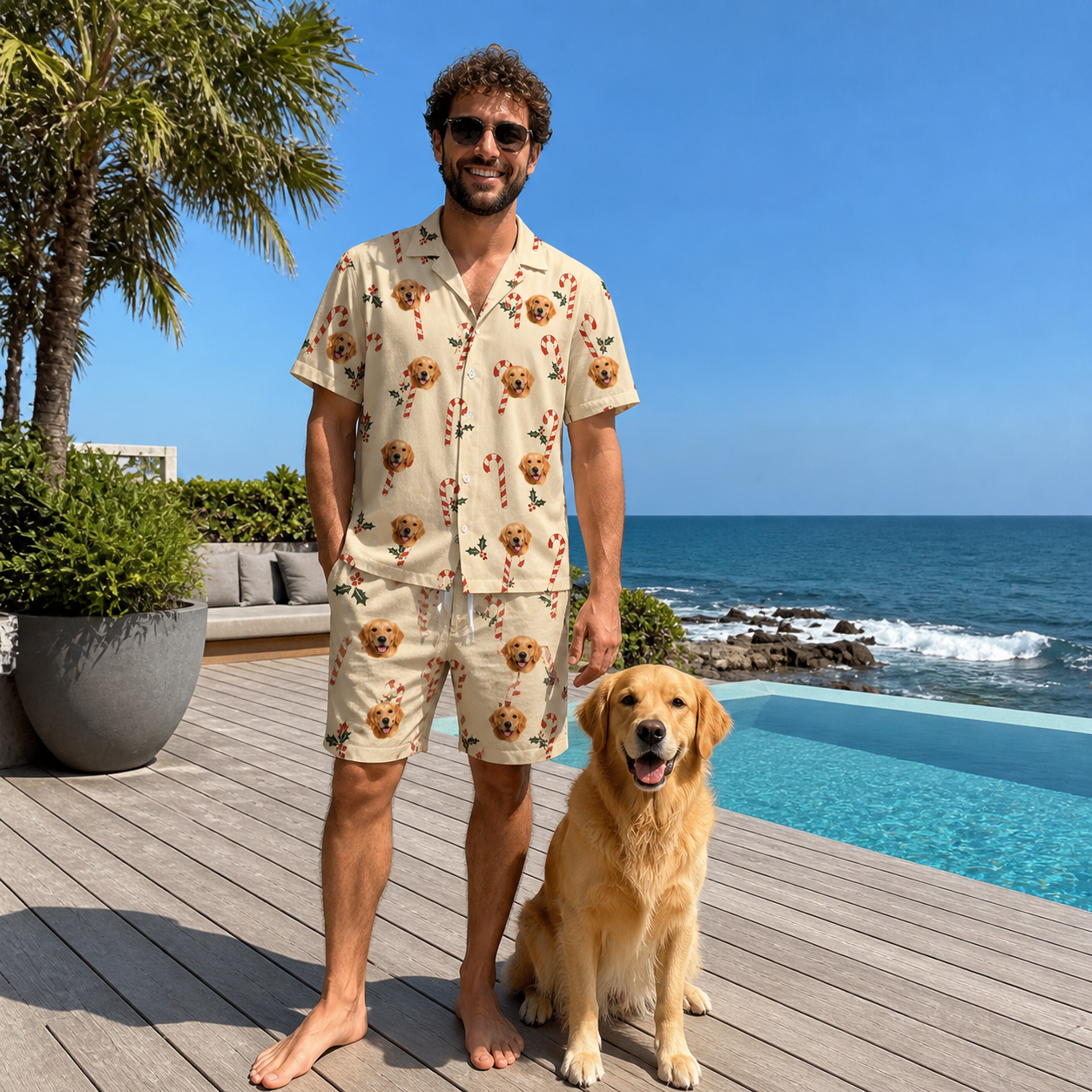 Full-length photo with the pet printed all over this Men's Minty Mistletoe Custom Dog Face Shirt & Shorts Set