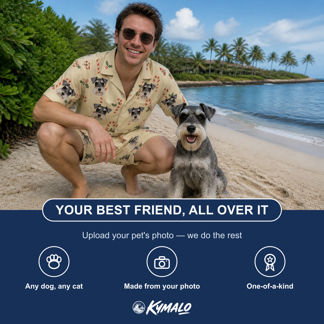 Friends in matching Men's Minty Mistletoe Custom Dog Face Shirt & Shorts Set — a group gift photo
