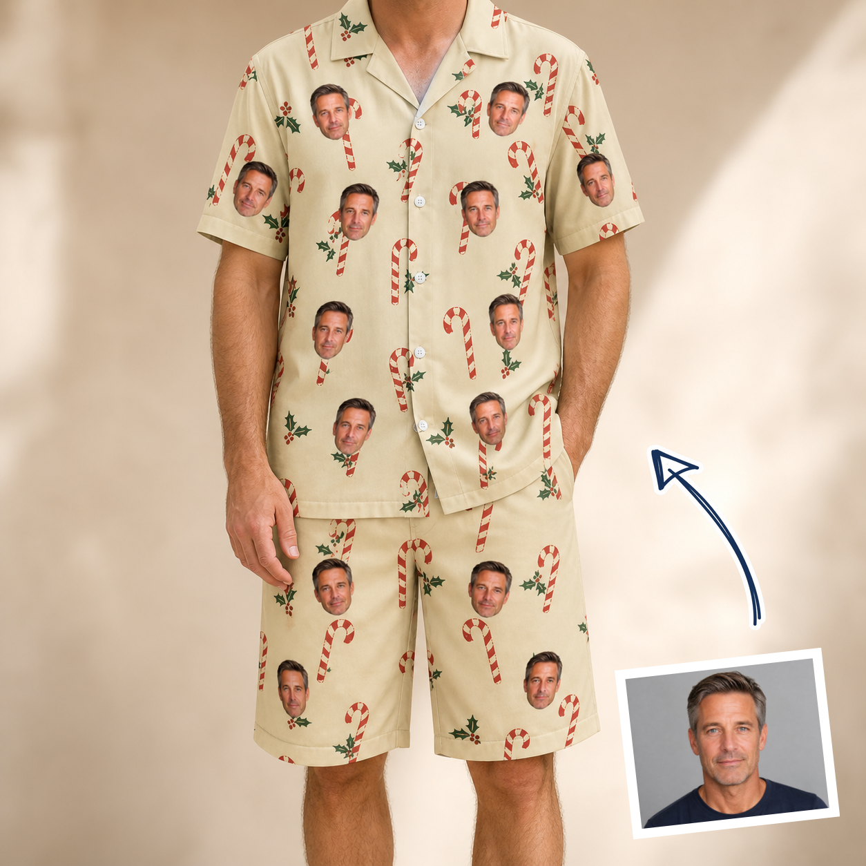 Man wearing Men's Minty Mistletoe Custom Face Shirt & Shorts Set — custom faces printed all-over