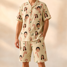 Model wearing Men's Minty Mistletoe Custom Face Shirt & Shorts Set printed with kids' faces