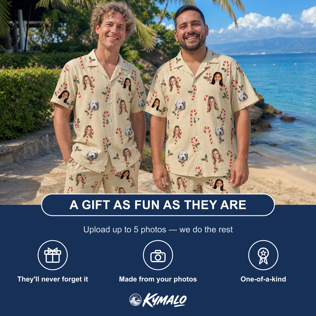 Friends in matching Men's Minty Mistletoe Custom Face Shirt & Shorts Set — a group gift photo