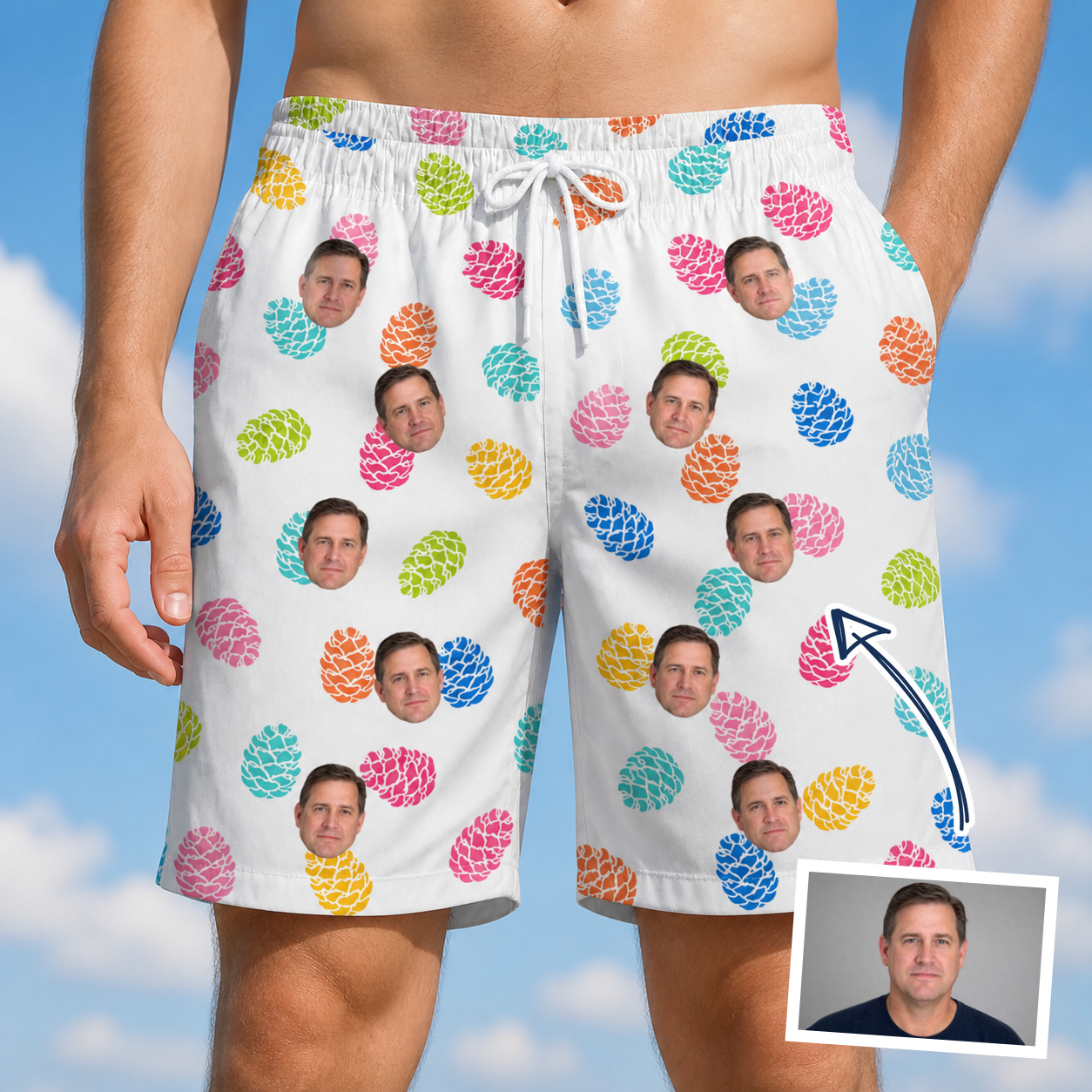 Man wearing Men's Pinecone Prance Custom Face Beach Shorts — custom faces printed all-over
