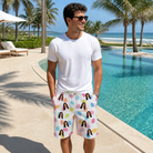 Real-life photo of someone wearing Men's Pinecone Prance Custom Face Beach Shorts — custom faces printed all-over