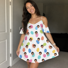 Real-life photo of someone wearing Women's Pinecone Prance Custom Face Off-Shoulder Dress — custom faces printed all-over