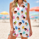 Model wearing Women's Pinecone Prance Custom Face V-Neck Dress printed with kids' faces