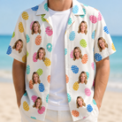 Man wearing Men's Pinecone Prance Custom Face Hawaiian Shirt open over a white tee