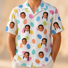 Model wearing Men's Pinecone Prance Custom Face Hawaiian Shirt printed with kids' faces
