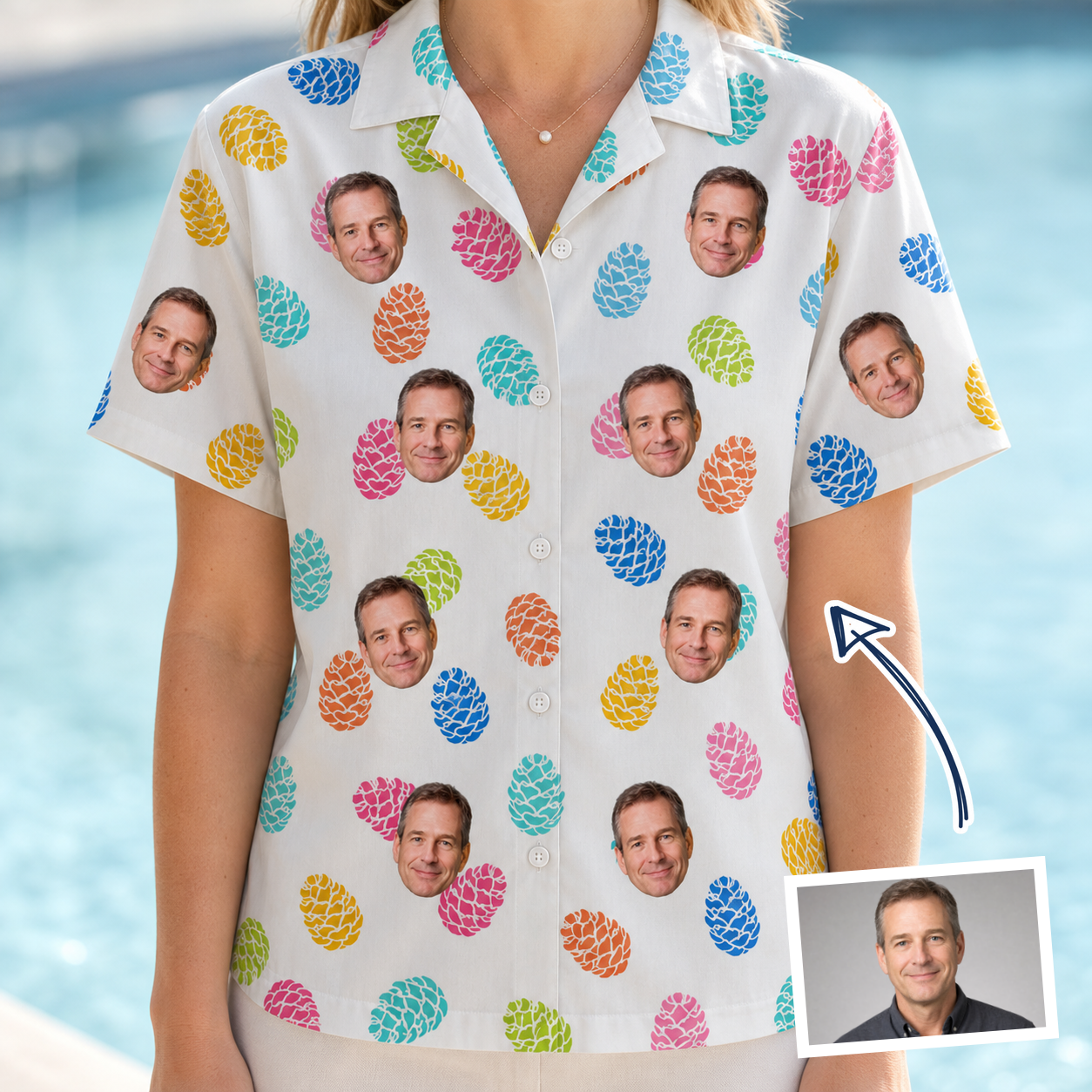 Woman wearing Women's Pinecone Prance Custom Face Hawaiian Shirt — custom faces printed all-over