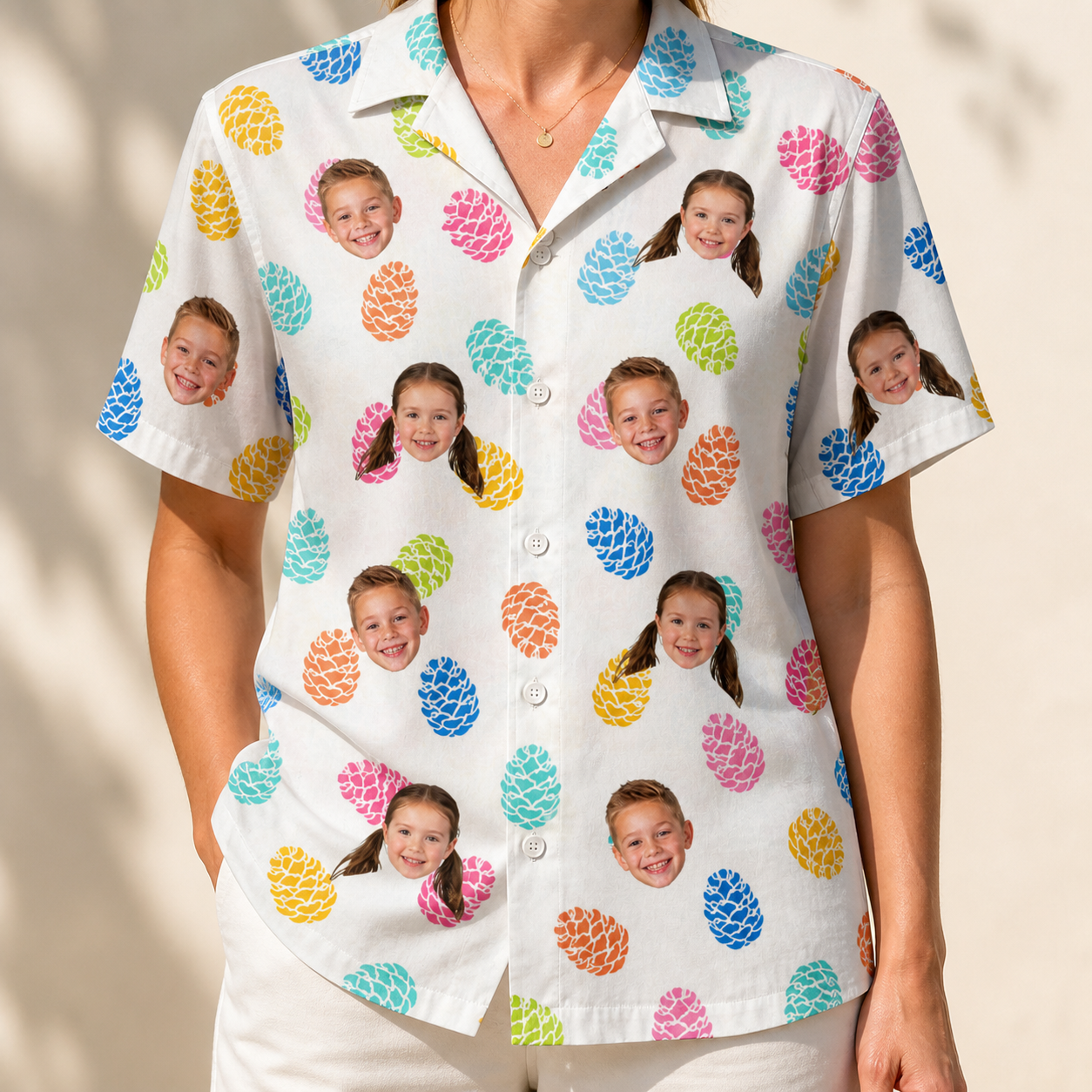 Model wearing Women's Pinecone Prance Custom Face Hawaiian Shirt printed with kids' faces
