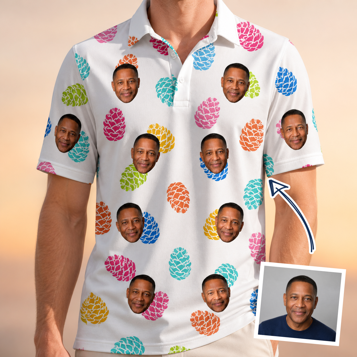 Man wearing Men's Pinecone Prance Custom Face Polo Shirt — custom faces printed all-over