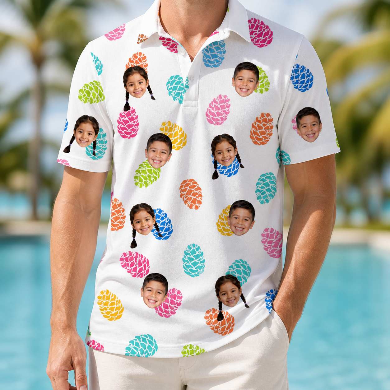 Model wearing Men's Pinecone Prance Custom Face Polo Shirt printed with kids' faces