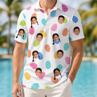 Model wearing Men's Pinecone Prance Custom Face Polo Shirt printed with kids' faces