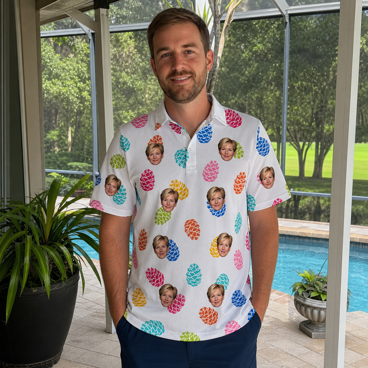 Real-life photo of someone wearing Men's Pinecone Prance Custom Face Polo Shirt — custom faces printed all-over