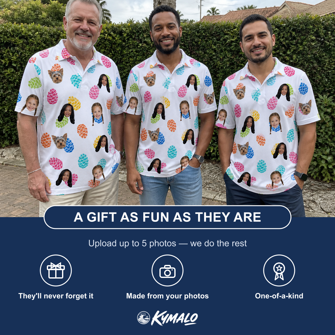 Friends in matching Men's Pinecone Prance Custom Face Polo Shirt — a group gift photo