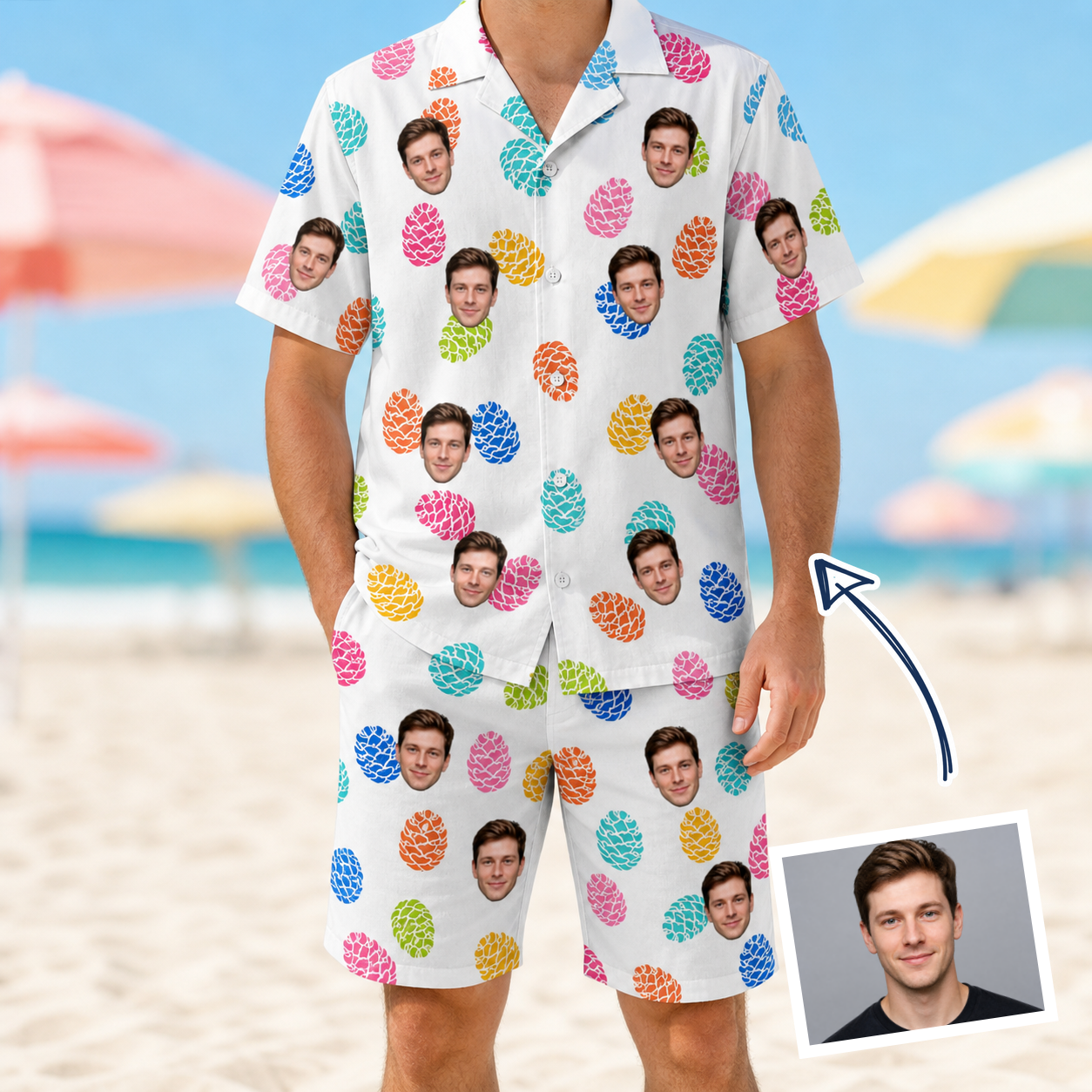 Man wearing Men's Pinecone Prance Custom Face Shirt & Shorts Set — custom faces printed all-over