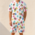 Model wearing Men's Pinecone Prance Custom Face Shirt & Shorts Set printed with kids' faces