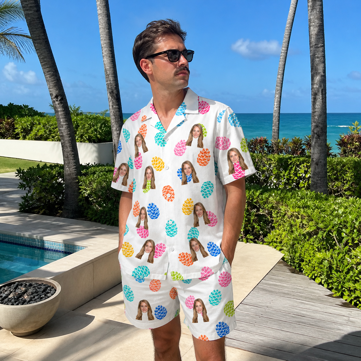 Real-life photo of someone wearing Men's Pinecone Prance Custom Face Shirt & Shorts Set — custom faces printed all-over