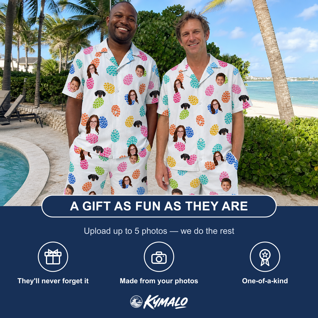 Friends in matching Men's Pinecone Prance Custom Face Shirt & Shorts Set — a group gift photo