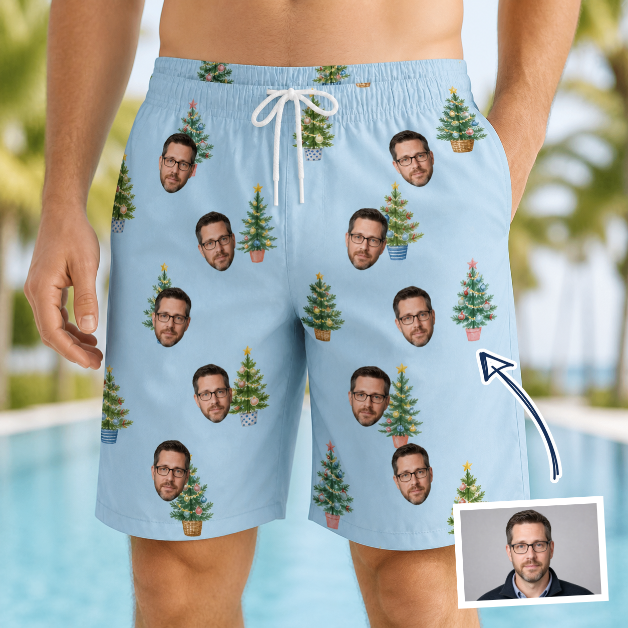 Man wearing Men's Spruce Spectacle Custom Face Beach Shorts — custom faces printed all-over