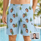 Man wearing Men's Spruce Spectacle Custom Face Beach Shorts — custom faces printed all-over