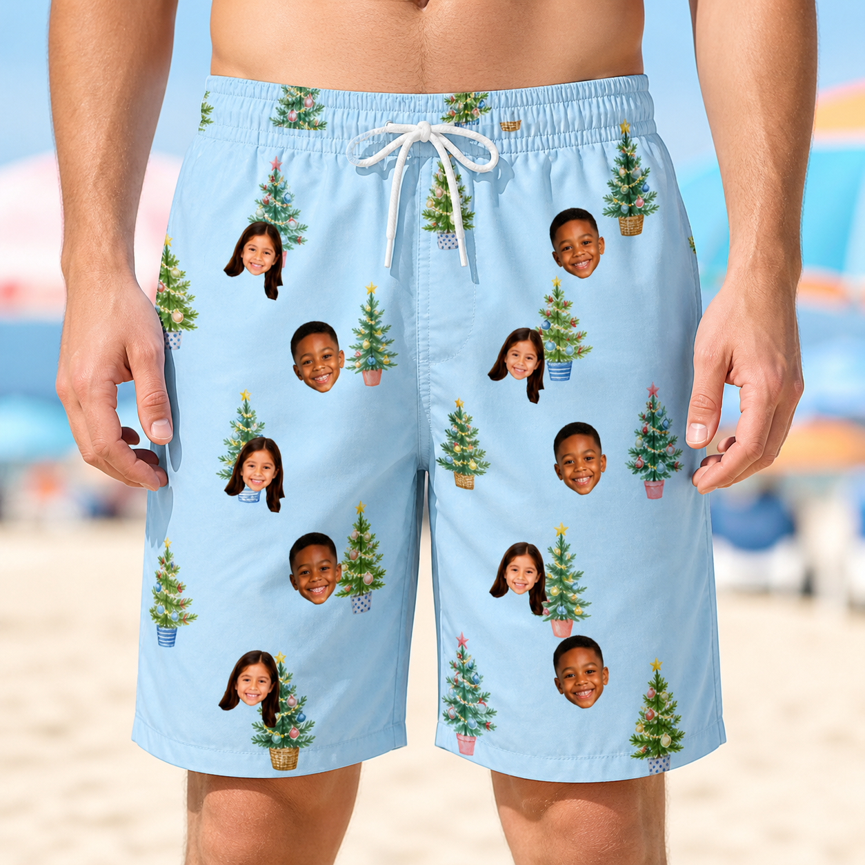Model wearing Men's Spruce Spectacle Custom Face Beach Shorts printed with kids' faces