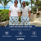 Friends in matching Men's Spruce Spectacle Custom Face Beach Shorts — a group gift photo
