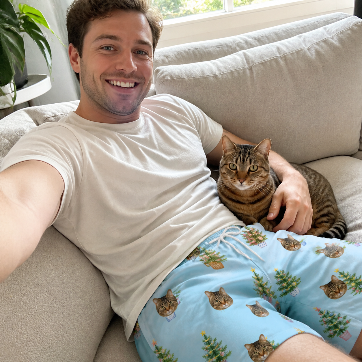 Selfie with the pet whose face is printed all over this Men's Spruce Spectacle Custom Cat Face Beach Shorts