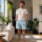 Full-length photo with the pet printed all over this Men's Spruce Spectacle Custom Cat Face Beach Shorts