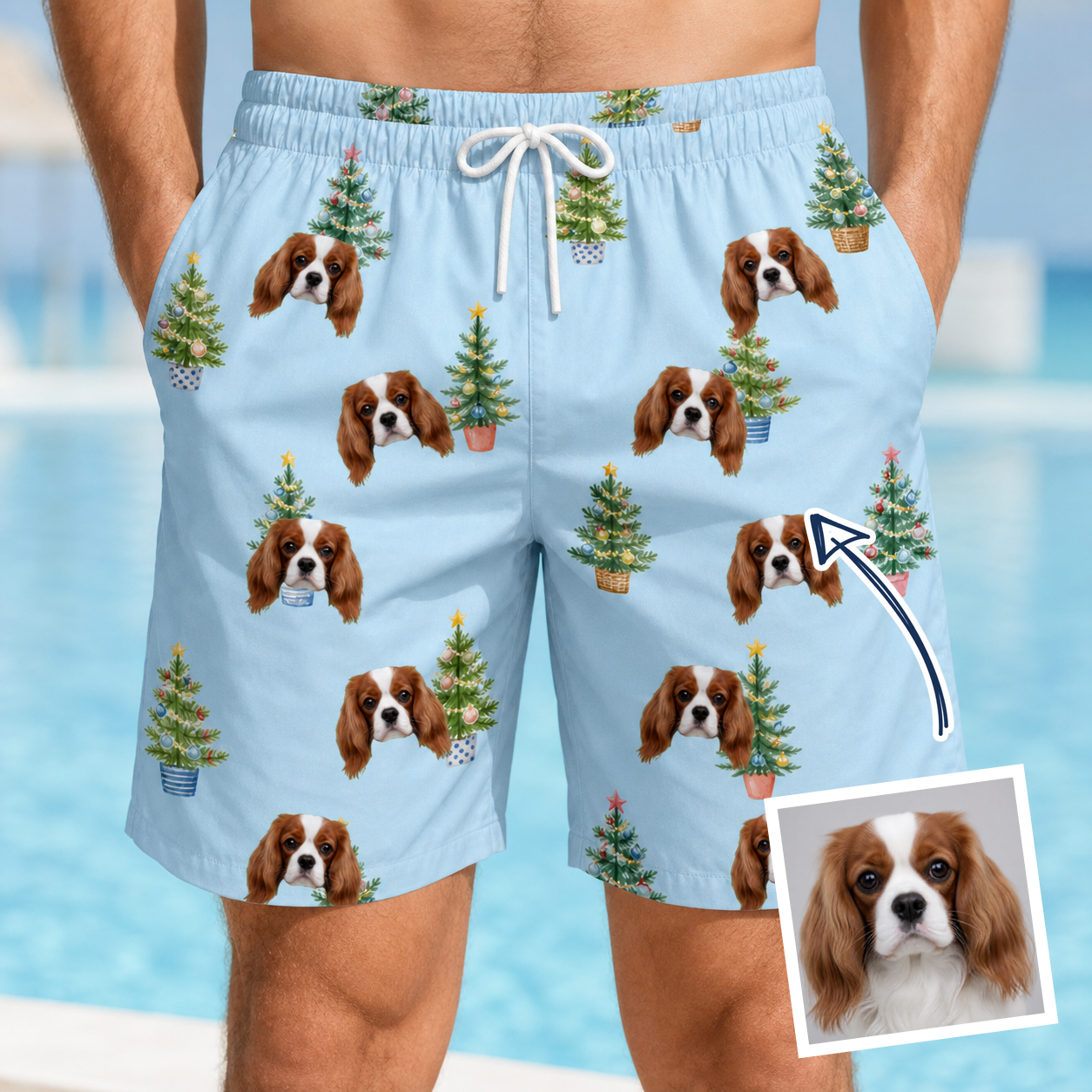 Man wearing Men's Spruce Spectacle Custom Dog Face Beach Shorts — custom faces printed all-over