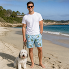 Full-length photo with the pet printed all over this Men's Spruce Spectacle Custom Dog Face Beach Shorts